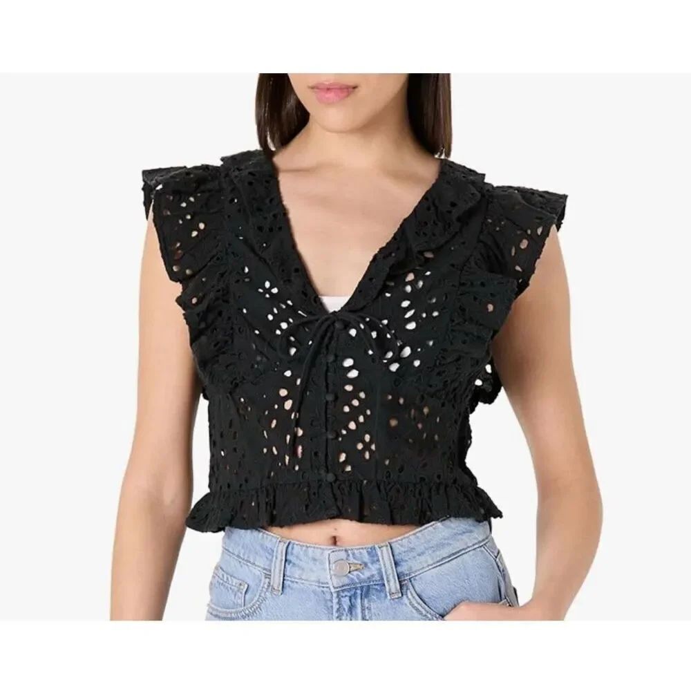 The Drop Womens Margo Tie Front Ruffle Detail Sleeveless Blouse - M